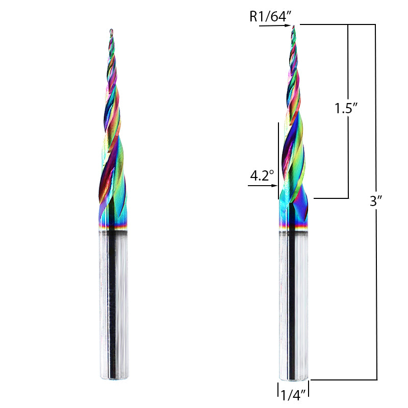 Taper ball-nose CNC bit designed for CNC carving applications. 