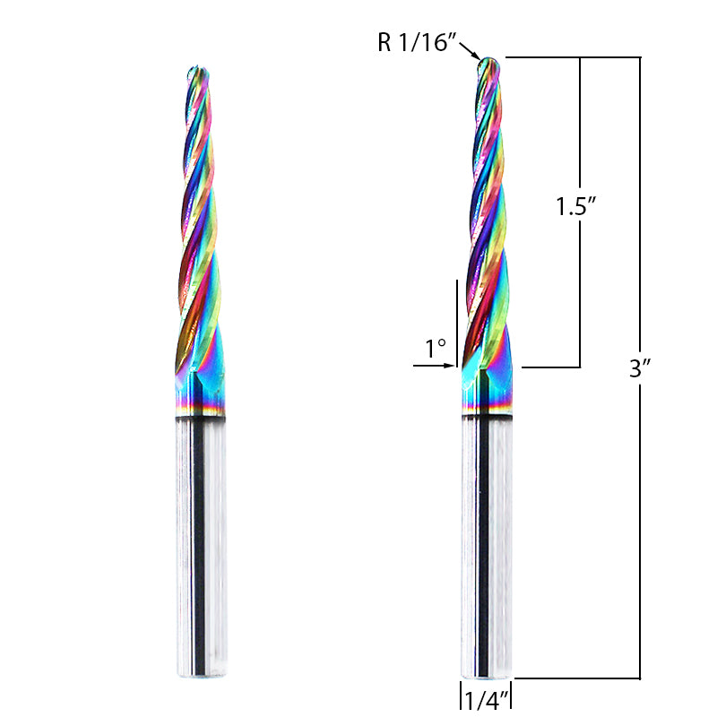 Taper ball-nose CNC bit designed for CNC carving applications. 
